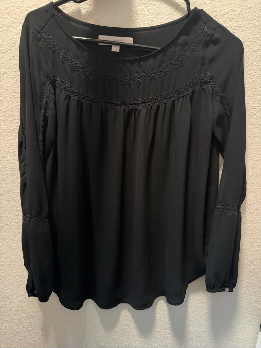 LOFT Black Long-Sleeve Scoop Neck Blouse with Crochet Trim